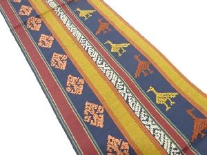 縞に鳥・菱華紋模様織り出し　紬袋帯